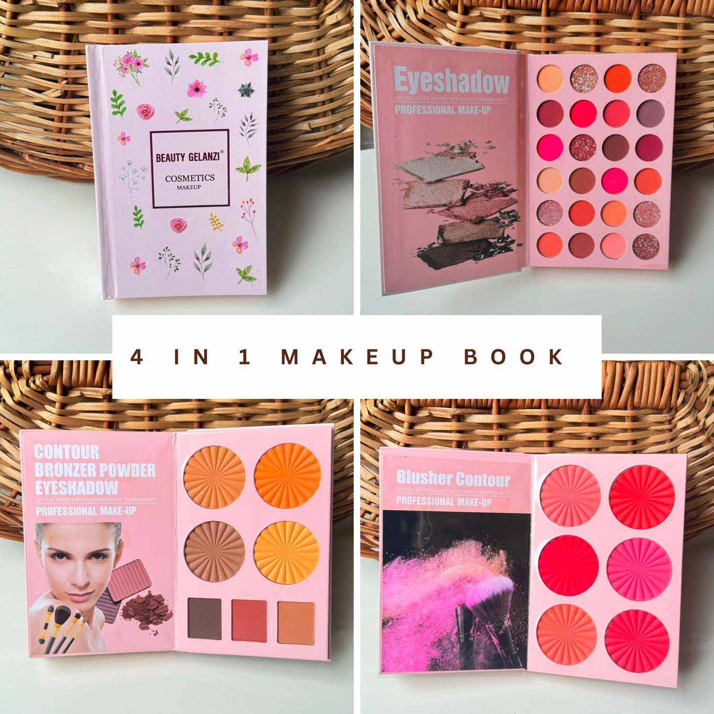 Beauty Glazed 4 in 1 Makeup Book | All-In-One Professional Palette | Eyeshadow | Blusher | Highlighter | Contour | Eyebrow Powder.