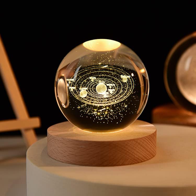 3D Planet Crystal Ball Night Lamp | Solar System LED Light with USB-Powered Glow and Elegant Wooden Base | Unique Home Décor and Perfect Gift for Birthdays, Christmas, Teens, Men, Women, Kids, Boys, and Girls.