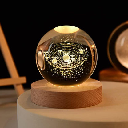 3D Planet Crystal Ball Night Lamp | Solar System LED Light with USB-Powered Glow and Elegant Wooden Base | Unique Home Décor and Perfect Gift for Birthdays, Christmas, Teens, Men, Women, Kids, Boys, and Girls.