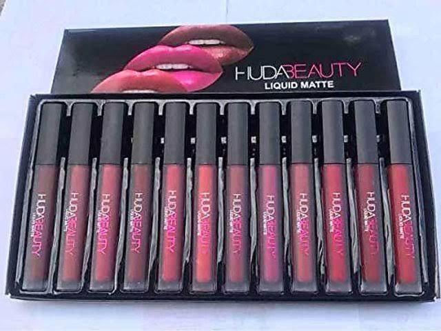 Huda Beauty 12-Piece Velvet Matte Liquid Lipstick Set with a waterproof, long-lasting, non-sticky formula in stunning nude shades. Quick-drying with up to 24-hour stay, perfect for daily wear or as a makeup gift for women. (2.5 ML × 12)