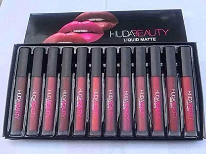 Huda Beauty 12-Piece Velvet Matte Liquid Lipstick Set with a waterproof, long-lasting, non-sticky formula in stunning nude shades. Quick-drying with up to 24-hour stay, perfect for daily wear or as a makeup gift for women. (2.5 ML × 12)
