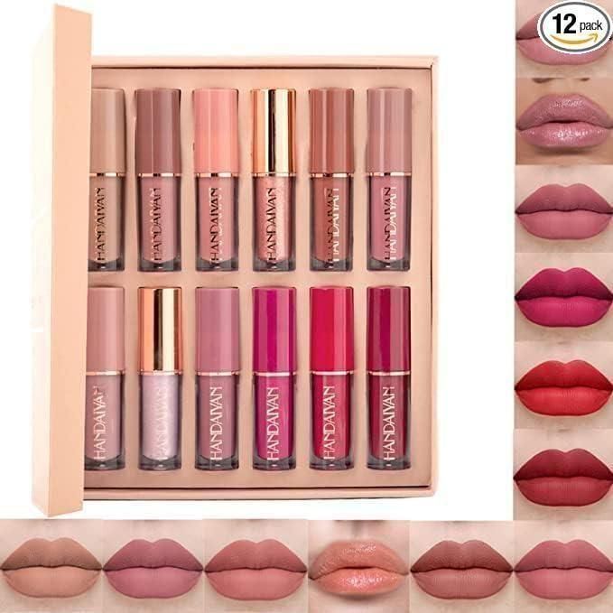12-Piece Velvet Matte Liquid Lipstick Set with waterproof, long-lasting, non-sticky formula in stunning nude shades. Quick-drying with up to 24-hour stay, ideal for daily use or as a makeup gift for women. (2.5ML X 12)