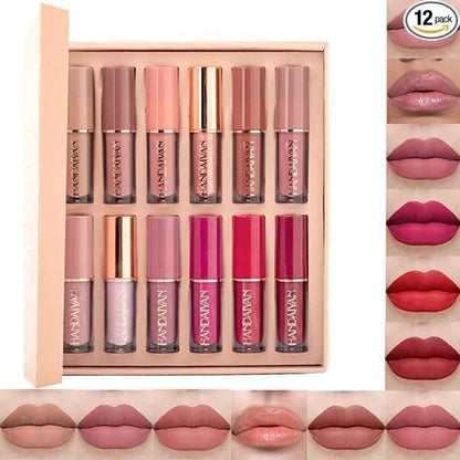 12-Piece Velvet Matte Liquid Lipstick Set with waterproof, long-lasting, non-sticky formula in stunning nude shades. Quick-drying with up to 24-hour stay, ideal for daily use or as a makeup gift for women. (2.5ML X 12)