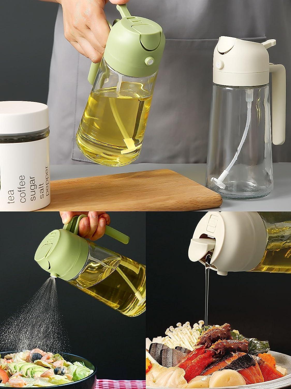 2-in-1 Glass Olive Oil Sprayer and Dispenser Bottle, 500ml Refillable Oil Spray Bottle for Cooking, Air Fryer, BBQ, Salad, Frying and Baking, Food-Grade, Leak-Proof Kitchen Oil Sprayer.