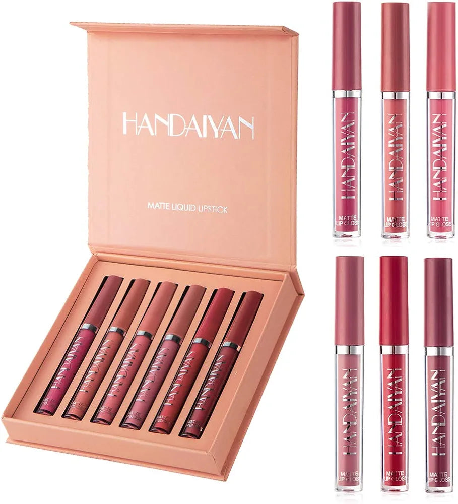 6-Piece Velvet Matte Liquid Lipstick Set with a waterproof, long-lasting, non-sticky formula in stunning nude shades. Quick-drying with up to 24-hour stay, ideal for daily use or as a makeup gift for women, Combo Pack (6 x 3ML each).