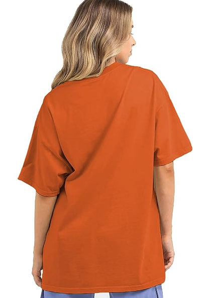 Stay Groovy Typography Printed Drop Shoulder Oversized T-Shirt for Women (Orange) – Trendy Half Sleeve Tee with Classic Round Neck, Soft & Breathable Cotton Blend Fabric for Comfort & Durability. Perfect for a Casual, Comfy, and Stylish Look!