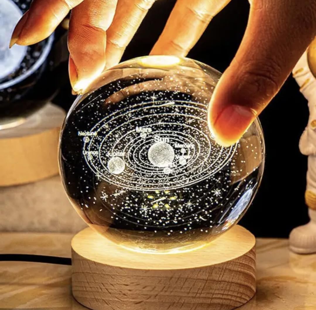 3D Planet Crystal Ball Night Lamp | Solar System LED Light with USB-Powered Glow and Elegant Wooden Base | Unique Home Décor and Perfect Gift for Birthdays, Christmas, Teens, Men, Women, Kids, Boys, and Girls.