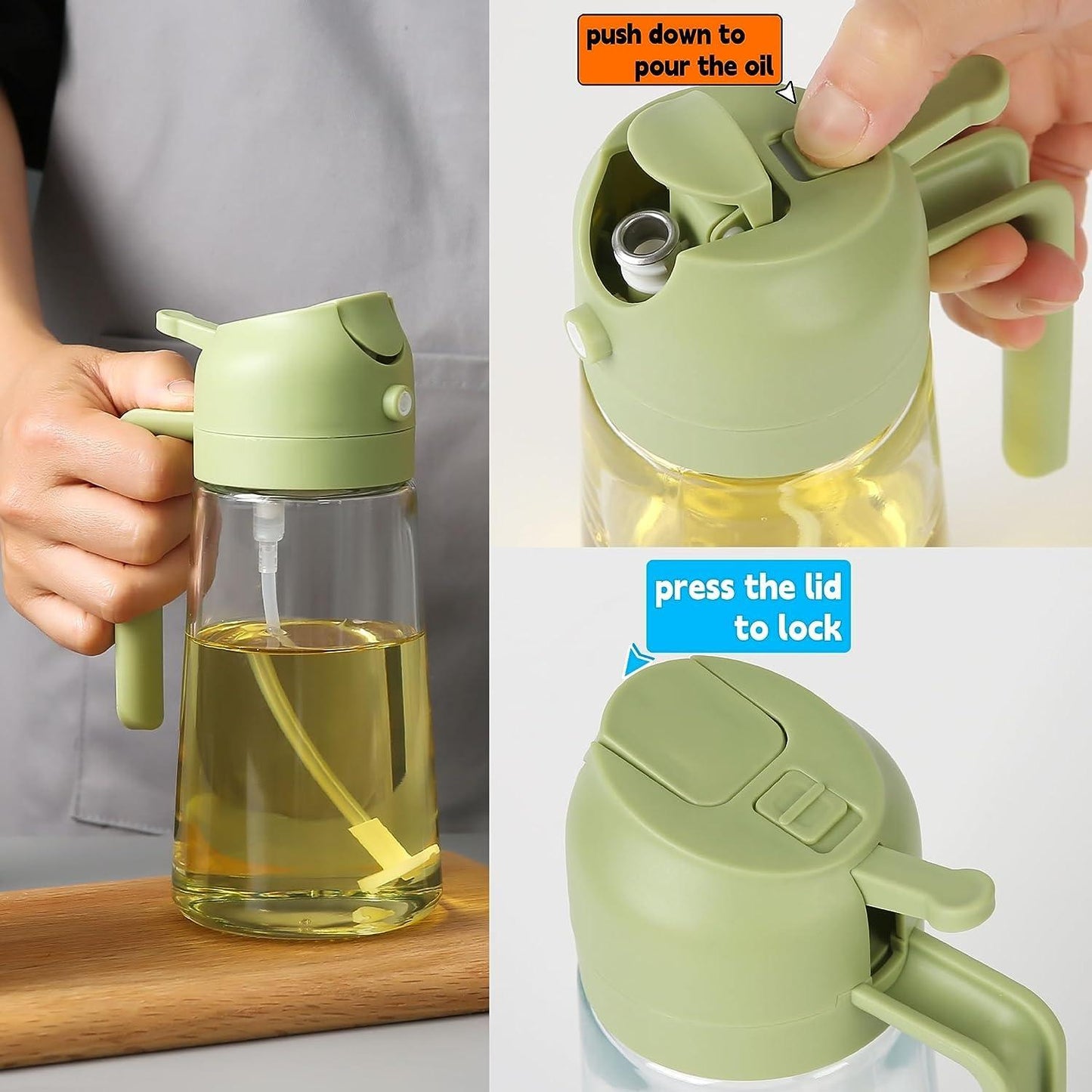 2-in-1 Glass Olive Oil Sprayer and Dispenser Bottle, 500ml Refillable Oil Spray Bottle for Cooking, Air Fryer, BBQ, Salad, Frying and Baking, Food-Grade, Leak-Proof Kitchen Oil Sprayer.