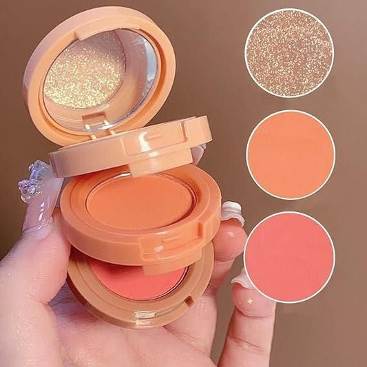 3-in-1 Blusher, Highlighter & Contour Sculpt Palette with Mirror for Women & Girls | Champagne Glow Highlighter with Peach & Rosy Pink Blush Shades | Mini Compact Travel Makeup Kit | Long-Lasting Highly Pigmented Palette for a Fresh, Natural Glowing Look.