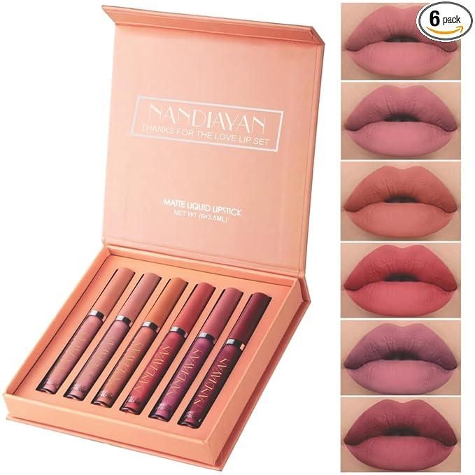 6-Piece Velvet Matte Liquid Lipstick Set with a waterproof, long-lasting, non-sticky formula in stunning nude shades. Quick-drying with up to 24-hour stay, ideal for daily use or as a makeup gift for women, Combo Pack (6 x 3ML each).