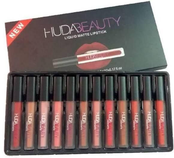 Huda Beauty 12-Piece Velvet Matte Liquid Lipstick Set with a waterproof, long-lasting, non-sticky formula in stunning nude shades. Quick-drying with up to 24-hour stay, perfect for daily wear or as a makeup gift for women. (2.5 ML × 12)