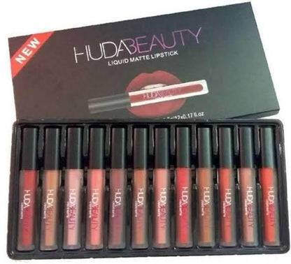 Huda Beauty 12-Piece Velvet Matte Liquid Lipstick Set with a waterproof, long-lasting, non-sticky formula in stunning nude shades. Quick-drying with up to 24-hour stay, perfect for daily wear or as a makeup gift for women. (2.5 ML × 12)
