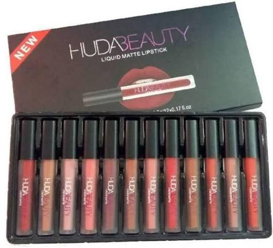 Huda Beauty 12-Piece Velvet Matte Liquid Lipstick Set with a waterproof, long-lasting, non-sticky formula in stunning nude shades. Quick-drying with up to 24-hour stay, perfect for daily wear or as a makeup gift for women. (2.5 ML × 12)