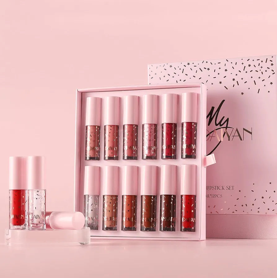 My Handaiyan 12-Color Liquid Lipstick Set – Glittering Matte & Glossy Finish, Highly Pigmented, Waterproof, Smudge-Proof, Long-Lasting 24-Hour Stay, Quick-Drying & Non-Sticky Formula, Nude & Multicolor Shades, Perfect Gift for Women. (2.5ML x 12)