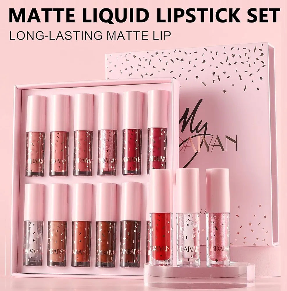 My Handaiyan 12-Color Liquid Lipstick Set – Glittering Matte & Glossy Finish, Highly Pigmented, Waterproof, Smudge-Proof, Long-Lasting 24-Hour Stay, Quick-Drying & Non-Sticky Formula, Nude & Multicolor Shades, Perfect Gift for Women. (2.5ML x 12)