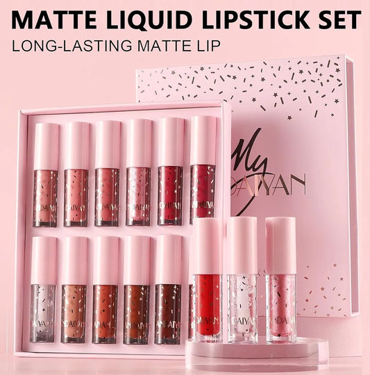 My Handaiyan 12-Color Liquid Lipstick Set – Glittering Matte & Glossy Finish, Highly Pigmented, Waterproof, Smudge-Proof, Long-Lasting 24-Hour Stay, Quick-Drying & Non-Sticky Formula, Nude & Multicolor Shades, Perfect Gift for Women. (2.5ML x 12)