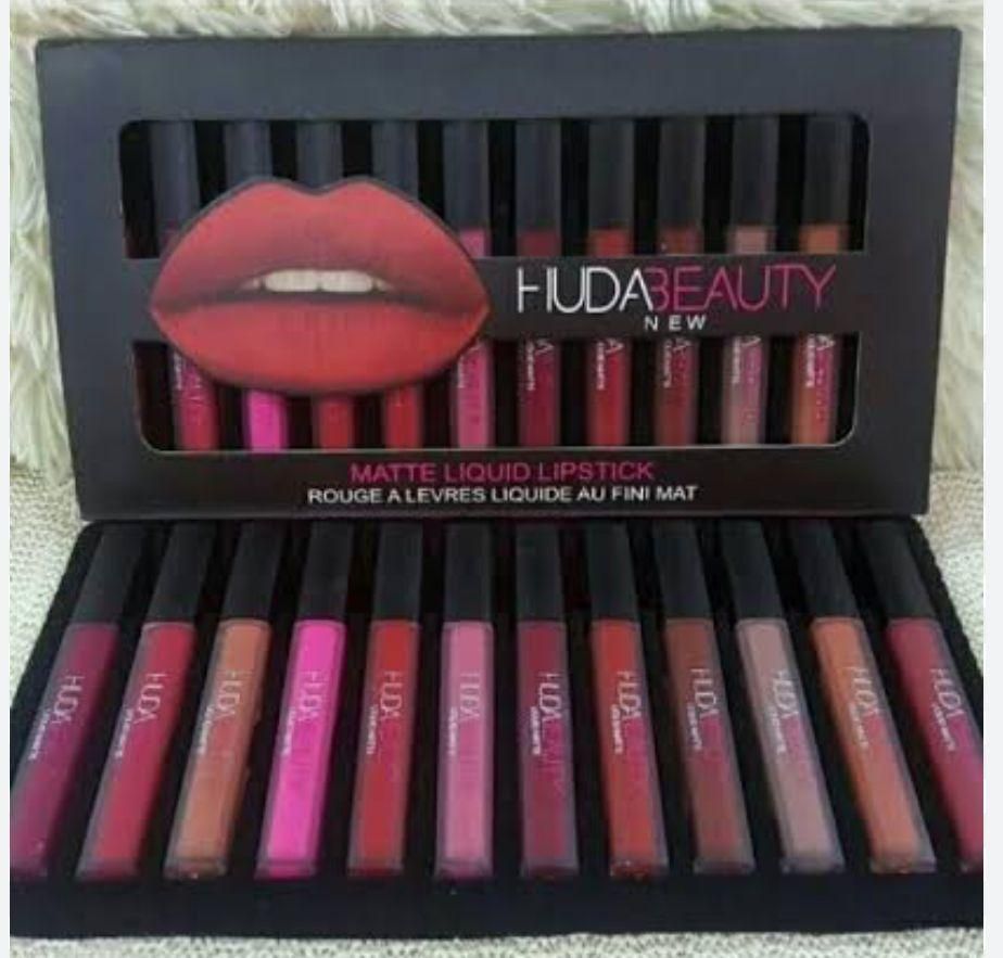 Huda Beauty 12-Piece Velvet Matte Liquid Lipstick Set with a waterproof, long-lasting, non-sticky formula in stunning nude shades. Quick-drying with up to 24-hour stay, perfect for daily wear or as a makeup gift for women. (2.5 ML × 12)