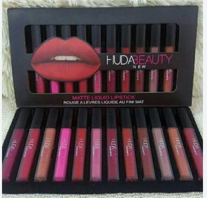 Huda Beauty 12-Piece Velvet Matte Liquid Lipstick Set with a waterproof, long-lasting, non-sticky formula in stunning nude shades. Quick-drying with up to 24-hour stay, perfect for daily wear or as a makeup gift for women. (2.5 ML × 12)