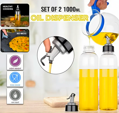 Plastic Oil Dispenser Set (Pack of 2) | 1L Each | Transparent, Leak-Proof, BPA-Free | Durable & Easy to Use | Perfect for Cooking Oil & Vinegar | Total Capacity: 2L