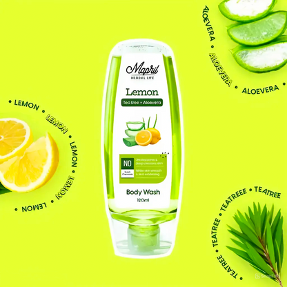 Mapril Premium Body Wash Combo for Women (120 ml Each, Pack of 3) – Enjoy fresh, clean, and glowing skin. Comes with a free loofah. Available in 3 variants: Aqua, Lemon, and Rose. Perfect for daily use!