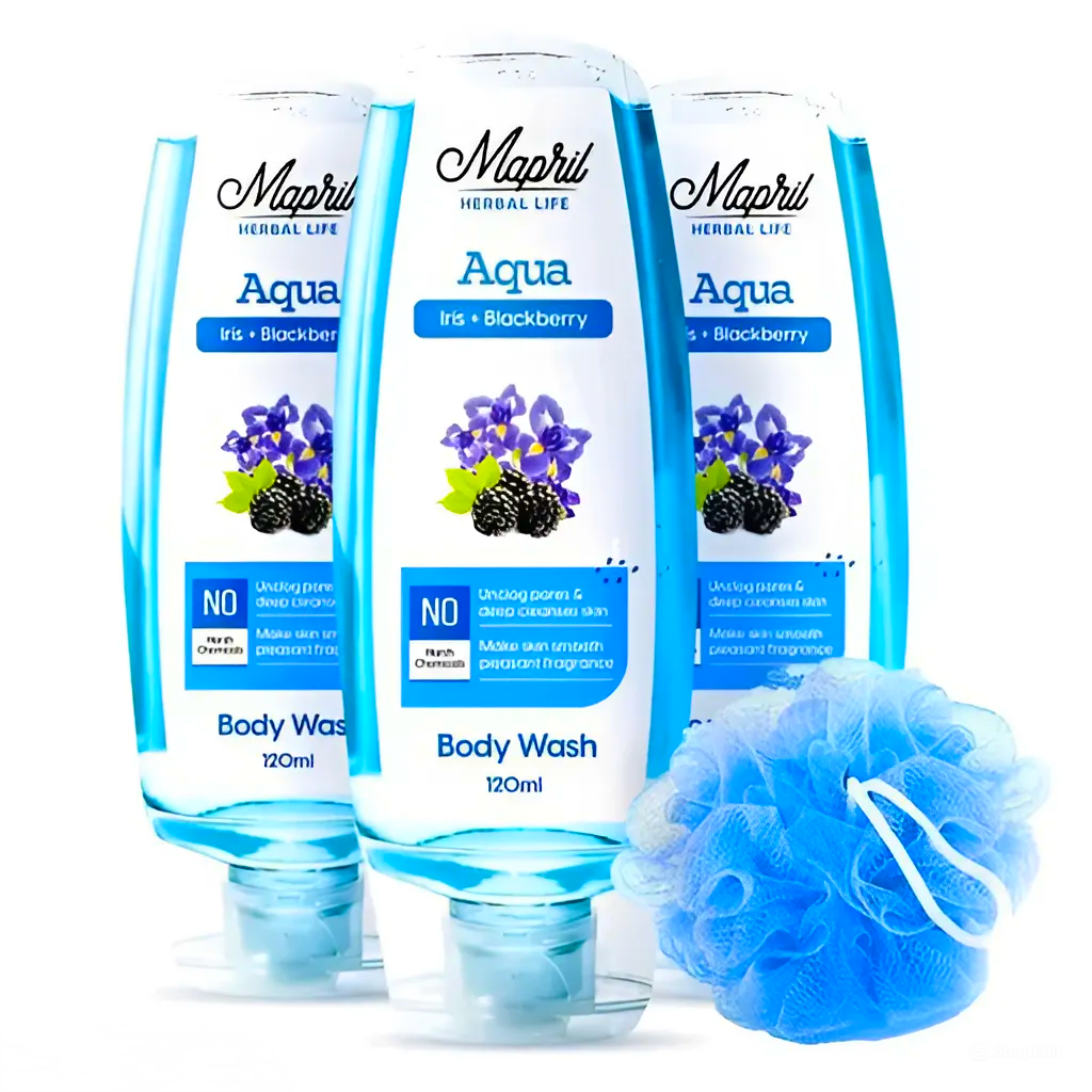 Mapril Premium Body Wash Combo for Women (120 ml Each, Pack of 3) – Enjoy fresh, clean, and glowing skin. Comes with a free loofah. Available in 3 variants: Aqua, Lemon, and Rose. Perfect for daily use!