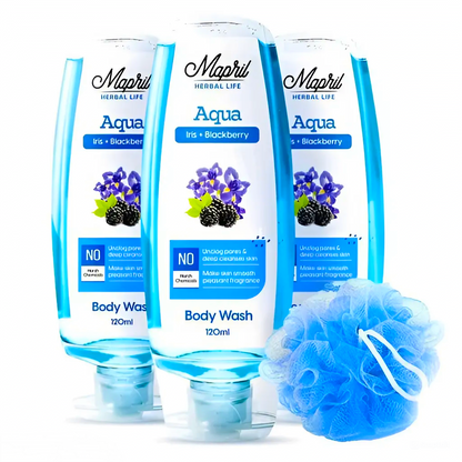 Mapril Premium Body Wash Combo for Women (120 ml Each, Pack of 3) – Enjoy fresh, clean, and glowing skin. Comes with a free loofah. Available in 3 variants: Aqua, Lemon, and Rose. Perfect for daily use!