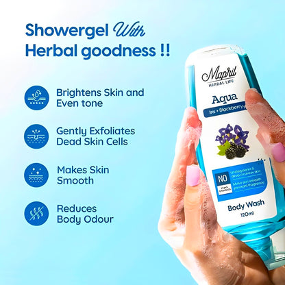Mapril Premium Body Wash Combo for Women (120 ml Each, Pack of 3) – Enjoy fresh, clean, and glowing skin. Comes with a free loofah. Available in 3 variants: Aqua, Lemon, and Rose. Perfect for daily use!