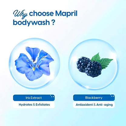 Mapril Premium Body Wash Combo for Women (120 ml Each, Pack of 3) – Enjoy fresh, clean, and glowing skin. Comes with a free loofah. Available in 3 variants: Aqua, Lemon, and Rose. Perfect for daily use!