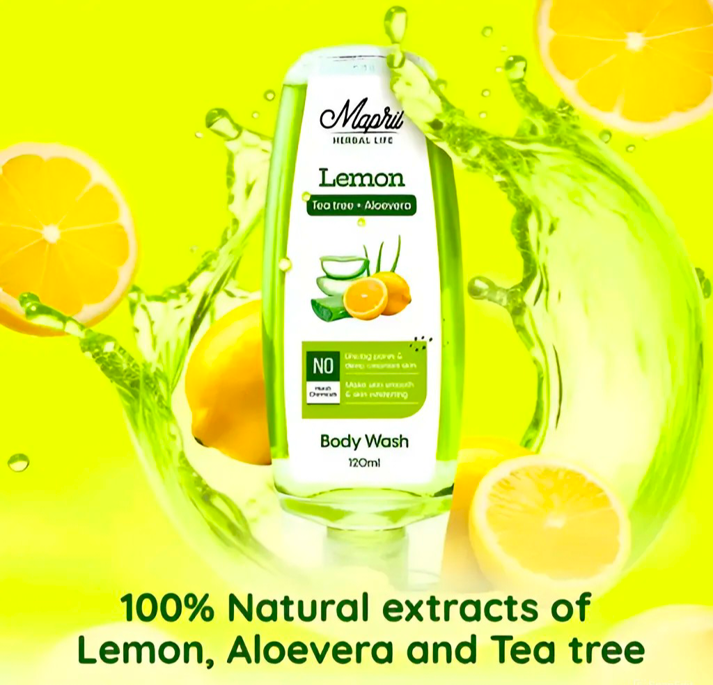 Mapril Premium Body Wash Combo for Women (120 ml Each, Pack of 3) – Enjoy fresh, clean, and glowing skin. Comes with a free loofah. Available in 3 variants: Aqua, Lemon, and Rose. Perfect for daily use!