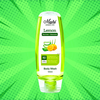 Mapril Premium Body Wash Combo for Women (120 ml Each, Pack of 3) – Enjoy fresh, clean, and glowing skin. Comes with a free loofah. Available in 3 variants: Aqua, Lemon, and Rose. Perfect for daily use!