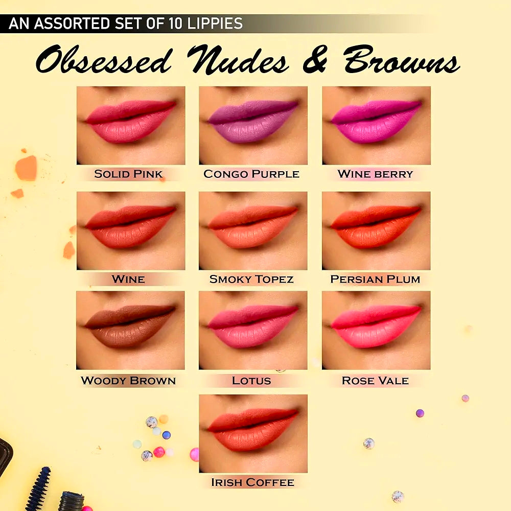 Lipstick Collection | Multicolor Set of 10 Vibrant Shades | Waterproof, Non-Transfer Matte | Highly Pigmented & Long-Lasting | Travel-Friendly Mini Lipsticks (2.4g Each) | Perfect Gift for Makeup Lovers