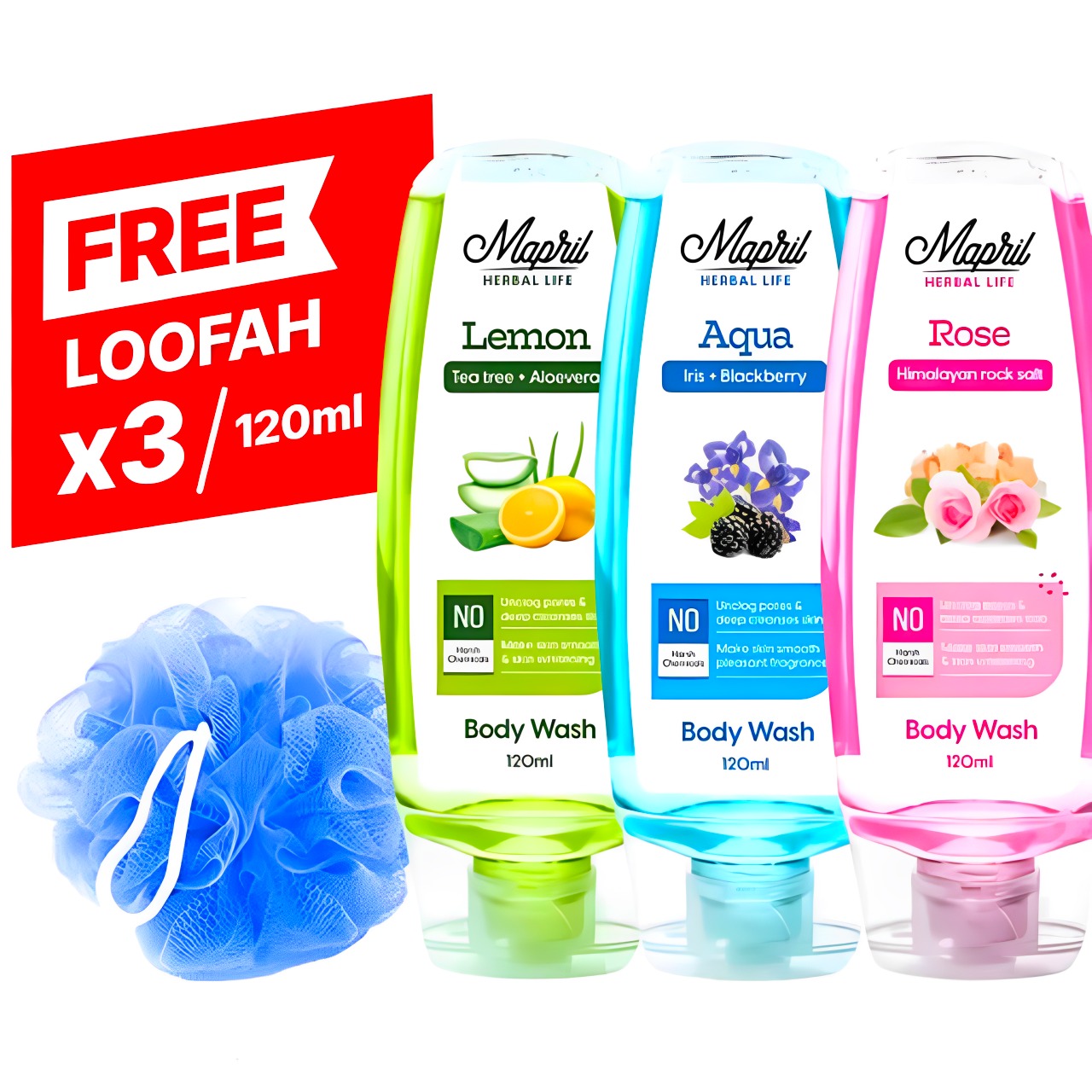 Mapril Premium Body Wash Combo for Women (120 ml Each, Pack of 3) – Enjoy fresh, clean, and glowing skin. Comes with a free loofah. Available in 3 variants: Aqua, Lemon, and Rose. Perfect for daily use!
