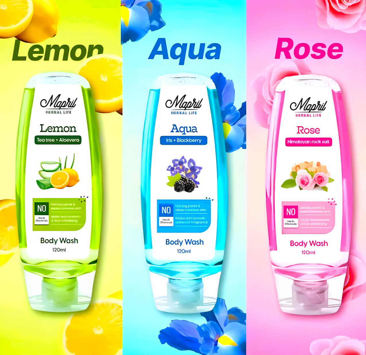 Mapril Premium Body Wash Combo for Women (120 ml Each, Pack of 3) – Enjoy fresh, clean, and glowing skin. Comes with a free loofah. Available in 3 variants: Aqua, Lemon, and Rose. Perfect for daily use!