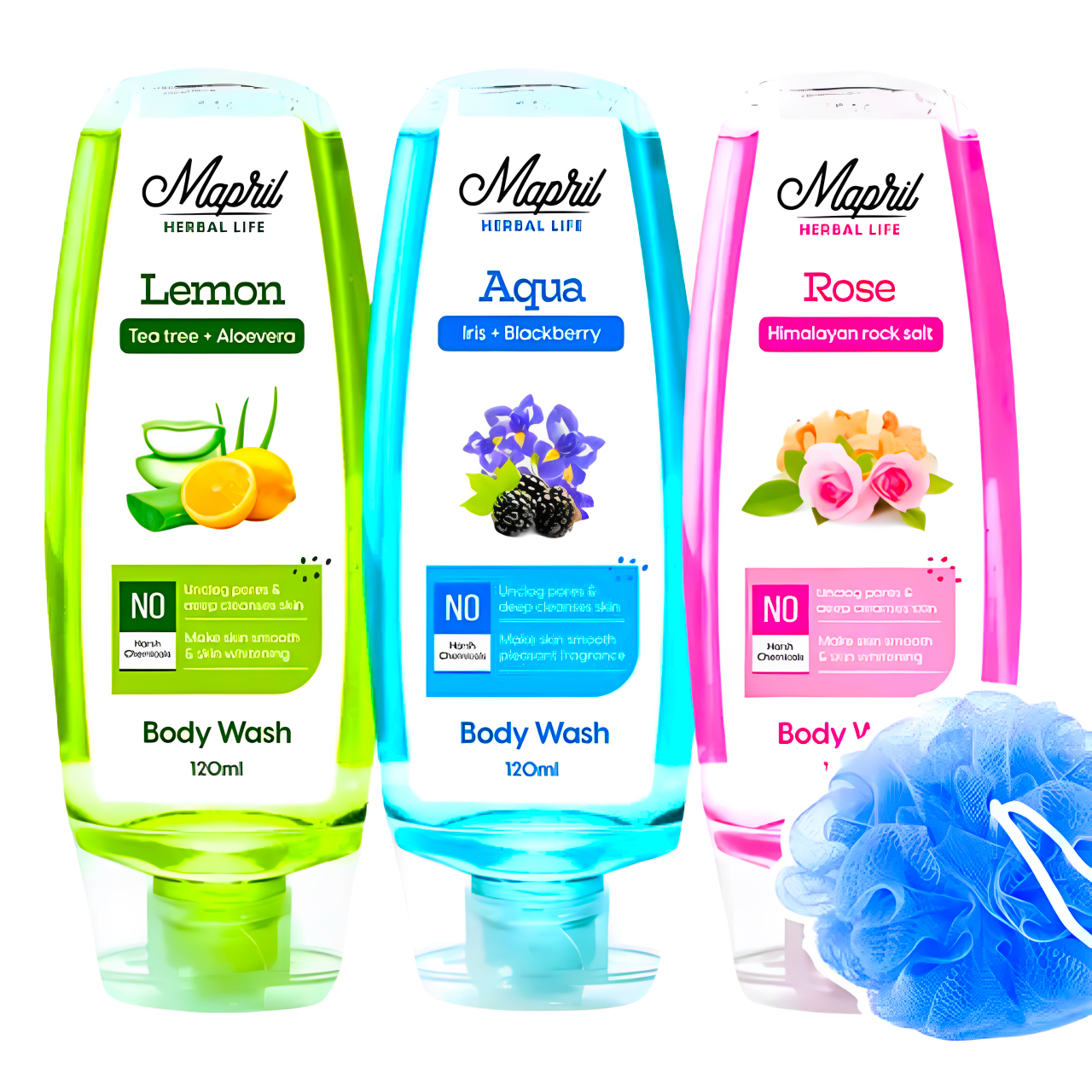 Mapril Premium Body Wash Combo for Women (120 ml Each, Pack of 3) – Enjoy fresh, clean, and glowing skin. Comes with a free loofah. Available in 3 variants: Aqua, Lemon, and Rose. Perfect for daily use!