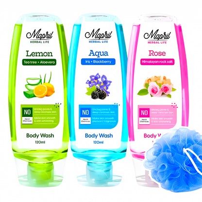 Mapril Premium Body Wash Combo for Women (120 ml Each, Pack of 3) – Enjoy fresh, clean, and glowing skin. Comes with a free loofah. Available in 3 variants: Aqua, Lemon, and Rose. Perfect for daily use!