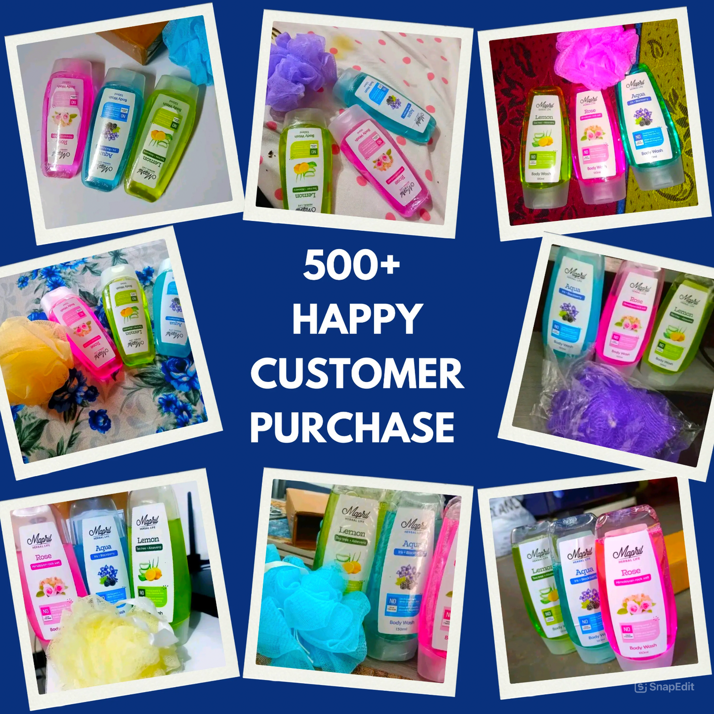 Mapril Premium Body Wash Combo for Women (120 ml Each, Pack of 3) – Enjoy fresh, clean, and glowing skin. Comes with a free loofah. Available in 3 variants: Aqua, Lemon, and Rose. Perfect for daily use!
