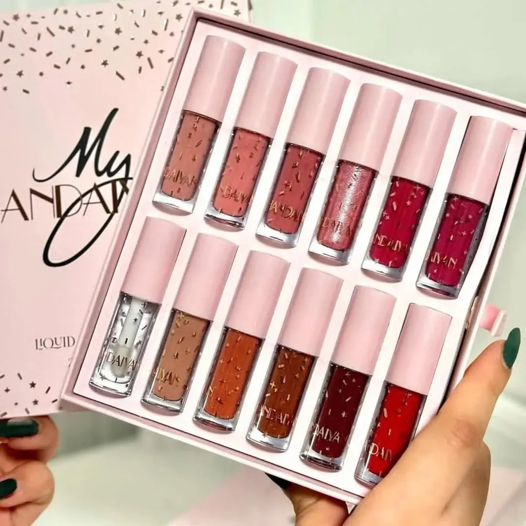 My Handaiyan 12-Color Liquid Lipstick Set – Glittering Matte & Glossy Finish, Highly Pigmented, Waterproof, Smudge-Proof, Long-Lasting 24-Hour Stay, Quick-Drying & Non-Sticky Formula, Nude & Multicolor Shades, Perfect Gift for Women. (2.5ML x 12)