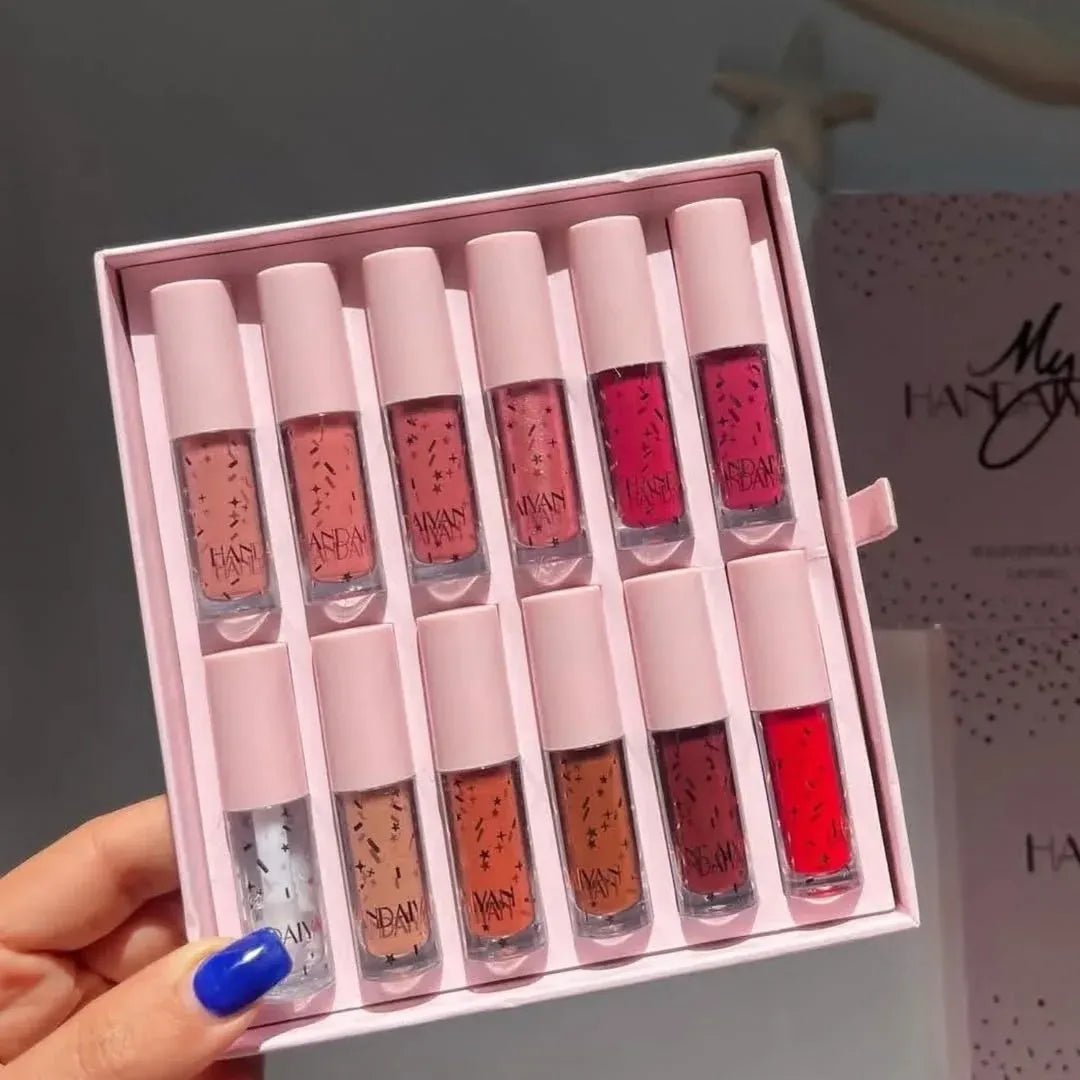 My Handaiyan 12-Color Liquid Lipstick Set – Glittering Matte & Glossy Finish, Highly Pigmented, Waterproof, Smudge-Proof, Long-Lasting 24-Hour Stay, Quick-Drying & Non-Sticky Formula, Nude & Multicolor Shades, Perfect Gift for Women. (2.5ML x 12)
