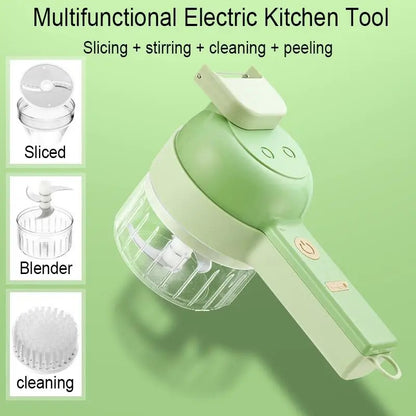4 in 1 Wireless Electric Vegetable Cutter – Handheld Food Chopper, Garlic Crusher, Slicer and Peeler for Kitchen
