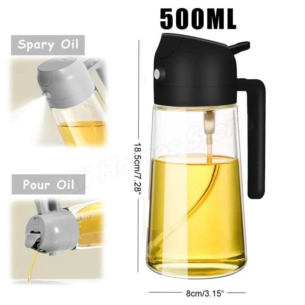 2-in-1 Glass Olive Oil Sprayer and Dispenser Bottle, 500ml Refillable Oil Spray Bottle for Cooking, Air Fryer, BBQ, Salad, Frying and Baking, Food-Grade, Leak-Proof Kitchen Oil Sprayer.