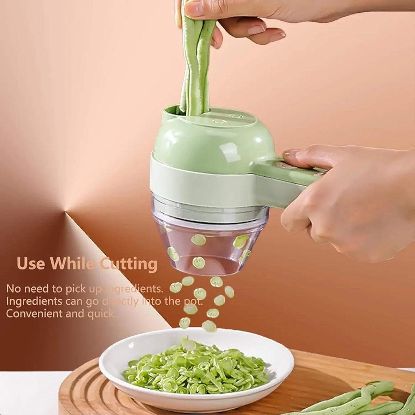 4 in 1 Wireless Electric Vegetable Cutter – Handheld Food Chopper, Garlic Crusher, Slicer and Peeler for Kitchen