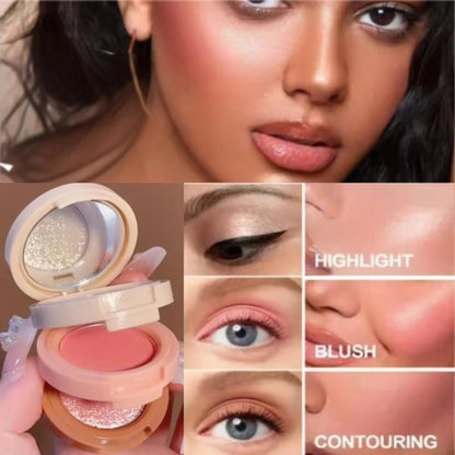 3-in-1 Blusher, Highlighter & Contour Sculpt Palette with Mirror for Women & Girls | Champagne Glow Highlighter with Peach & Rosy Pink Blush Shades | Mini Compact Travel Makeup Kit | Long-Lasting Highly Pigmented Palette for a Fresh, Natural Glowing Look.