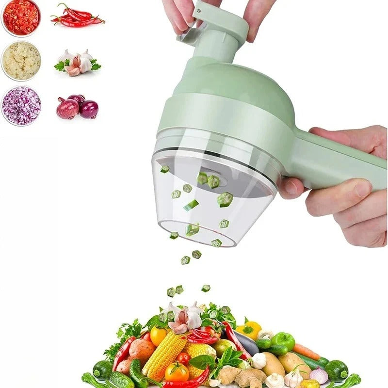 4 in 1 Wireless Electric Vegetable Cutter – Handheld Food Chopper, Garlic Crusher, Slicer and Peeler for Kitchen