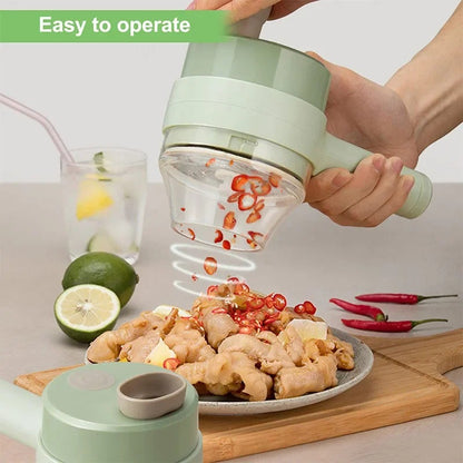 4 in 1 Wireless Electric Vegetable Cutter – Handheld Food Chopper, Garlic Crusher, Slicer and Peeler for Kitchen