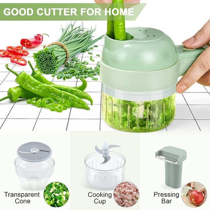 4 in 1 Wireless Electric Vegetable Cutter – Handheld Food Chopper, Garlic Crusher, Slicer and Peeler for Kitchen