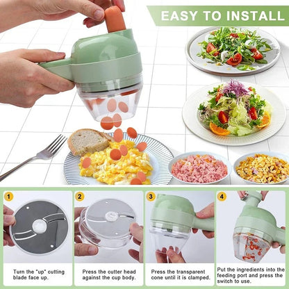 4 in 1 Wireless Electric Vegetable Cutter – Handheld Food Chopper, Garlic Crusher, Slicer and Peeler for Kitchen