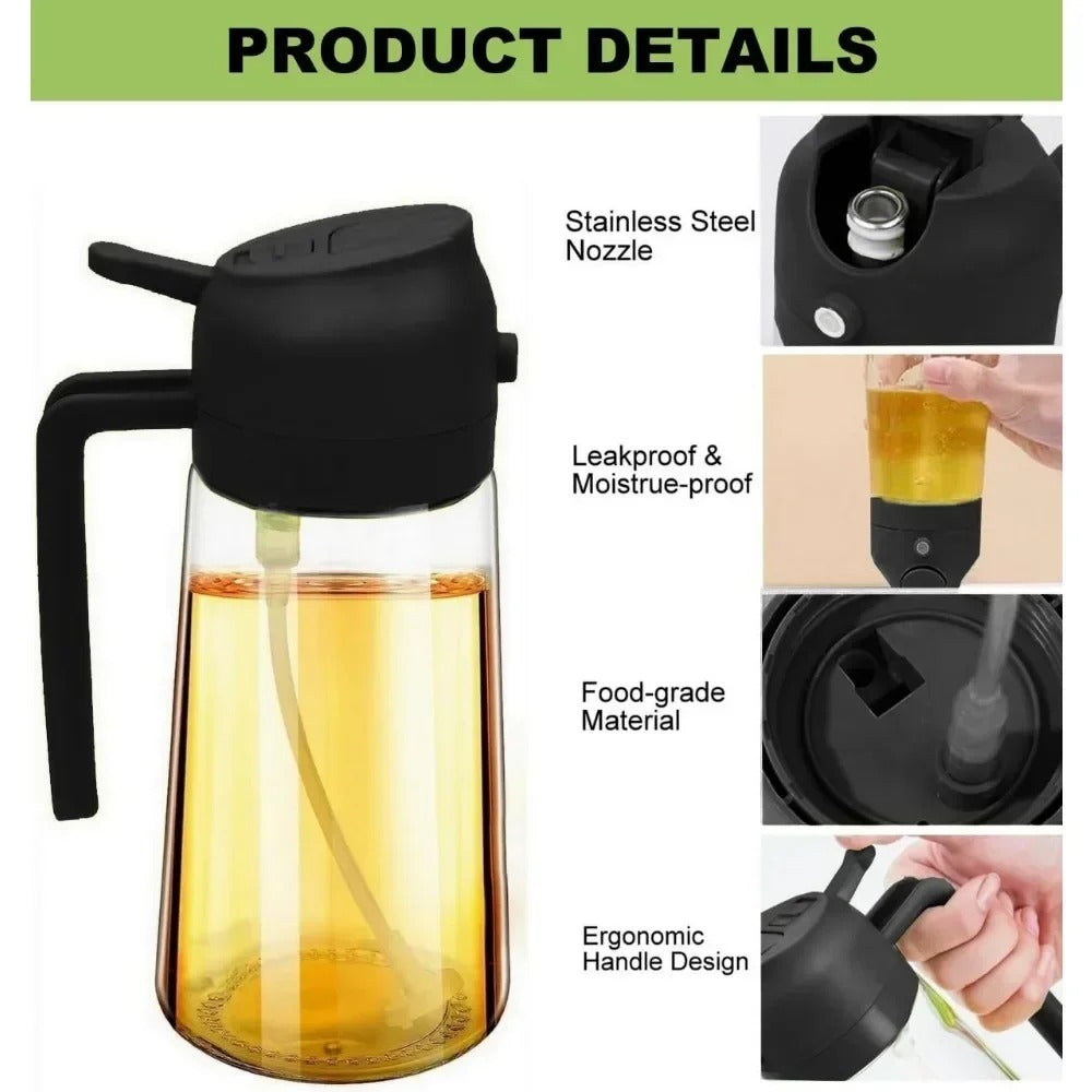2-in-1 Glass Olive Oil Sprayer and Dispenser Bottle, 500ml Refillable Oil Spray Bottle for Cooking, Air Fryer, BBQ, Salad, Frying and Baking, Food-Grade, Leak-Proof Kitchen Oil Sprayer.