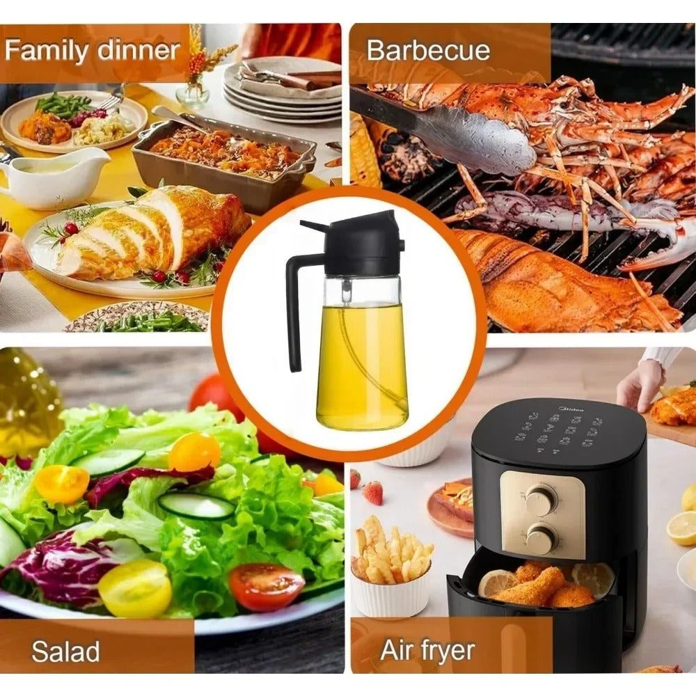 2-in-1 Glass Olive Oil Sprayer and Dispenser Bottle, 500ml Refillable Oil Spray Bottle for Cooking, Air Fryer, BBQ, Salad, Frying and Baking, Food-Grade, Leak-Proof Kitchen Oil Sprayer.