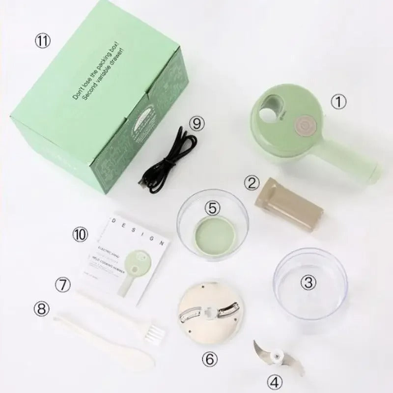 4 in 1 Wireless Electric Vegetable Cutter – Handheld Food Chopper, Garlic Crusher, Slicer and Peeler for Kitchen