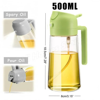 2-in-1 Glass Olive Oil Sprayer and Dispenser Bottle, 500ml Refillable Oil Spray Bottle for Cooking, Air Fryer, BBQ, Salad, Frying and Baking, Food-Grade, Leak-Proof Kitchen Oil Sprayer.